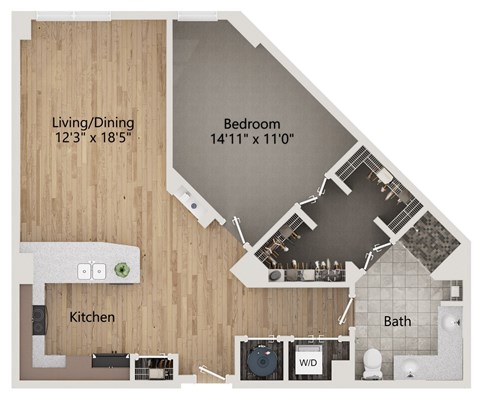 Floor plan for 1 bed, 1 bath, 950 sqft